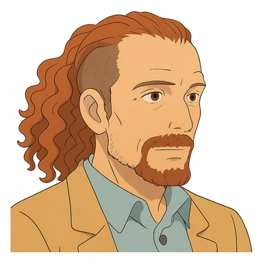ghibli style white man in his 40s with long tight curly hair and short sides sticker