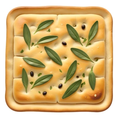 Cinematic Realistic Focaccia Bread Dish Emoji, depicted as a golden, olive oil brushed flatbread sprinkled with herbs rendered with lifelike texture and soft, appetizing lighting. sticker