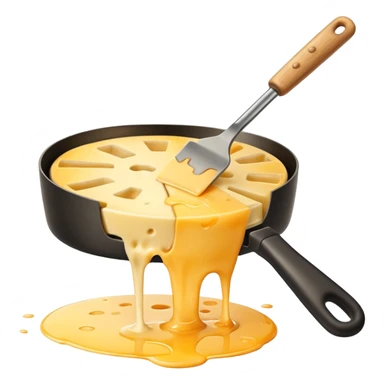 a half wheel of raclette cheese being scraped with a metal spatula, melted cheese flowing, warm golden colors, modern emoji style, clean outlines, transparent background sticker