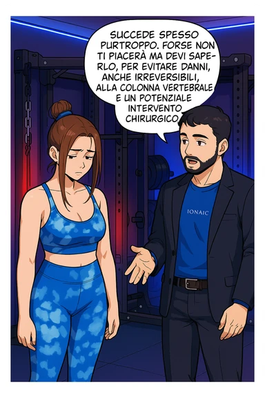 fai questa immagine in versione manga/webtoon a colori, il manga mostra l'uomo che risponde alla donne:
Succede spesso purtroppo. 
Forse non ti piacerà ma devi saperlo, per evitare danni, anche irreversibili, alla colonna vertebrale e un potenziale intervento chirurgico. sticker