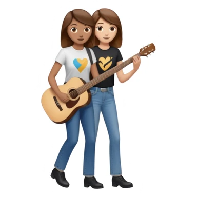 based on emoji style, like this "💁🏻‍♀️" "💁🏽‍♂️" "💁🏻", two people walking together. one is brown-haired woman, wearing business casual, holding a guitar. Another one is a non-binary person, wearing t shirt and jeans, and this person doesn't have anything on their hands. they are walking together. sticker