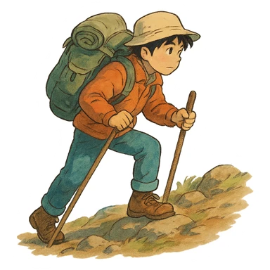 person hiking, ghibli style illustration sticker