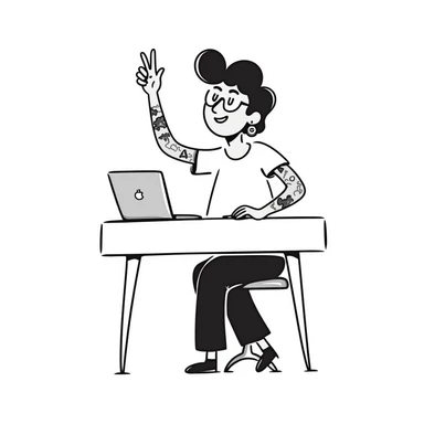 Cool female rockstar musician with arm tattoos and alternative hairstyle, sitting at desk with laptop, raising hand in class, smiling confidently sticker