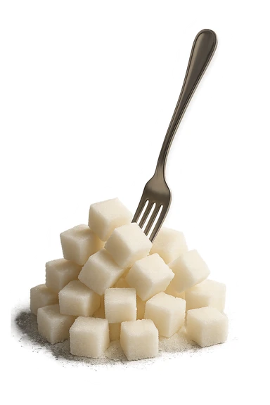 monagna di zollette di zucchero con una forchetta appizzata sopra, iperrealistico 4k sticker