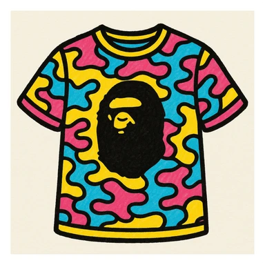 BAPE t-shirt, streetwear style, bold camo pattern, iconic ape head logo, vibrant colors, front view sticker