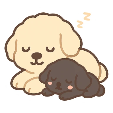 large light cream colored goldendoodle and small black golden retriever, chibi style, sleeping with the retriever resting on the goldendoodle sticker