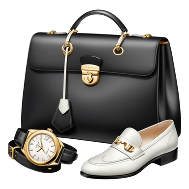1 bag, and 1 glasses, 1 pair of shoes, and 1 watch rolex, all BLACK AND WHITE AND SILVER OR WHITE PLATED GOLD put together like a bundle with no face, all luxury items like lv and prada, and rolex, and balenciaga sticker