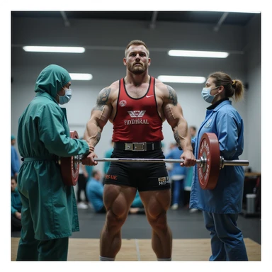 European powerlifter in federal competition attire undergoing anti-doping controls, realistic atmosphere with medical staff or officials present, laboratory or test details, isolated on white background sticker