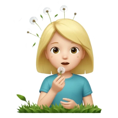 A 3D cartoon child blowing on a dandelion, seeds flying in the air, sunny garden background, realistic Memoji-style. sticker