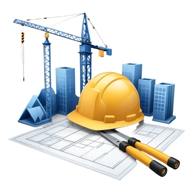 An icon featuring a blueprint, a hard hat, and a measuring tape, symbolizing architecture and construction. The design includes a building silhouette, cranes, and construction tools, representing the planning, design, and building processes. Transparent background. sticker