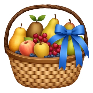 A basket with a blue ribbon on the handle sticker