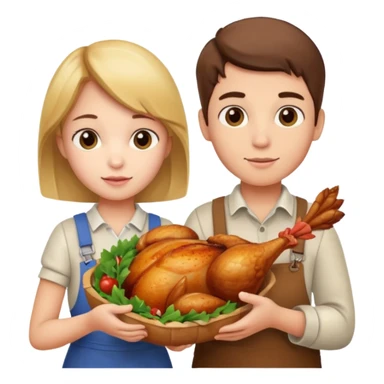 Boy and girl carrying a chicken meat sticker