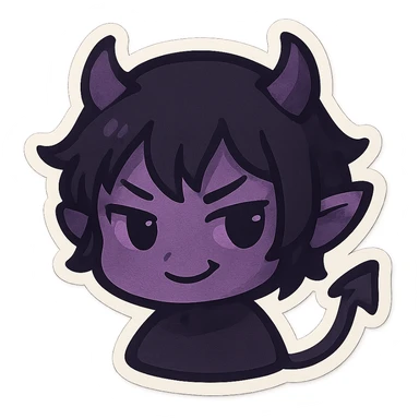 devil emoji in chibi style with gothic palette black and purple, tiny horns, cute but mischievous expression sticker