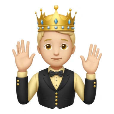 3d round yellow emoji character with slightly smug expression, wearing a tiny victorian crown and waistcoat, one hand over heart dramatically, classic early 2000s 3d emoji style, plain white background sticker