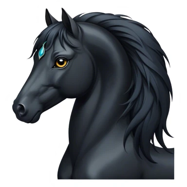 Cinematic Elegant Black Horse Portrait Emoji, Head held high with a serene, powerful gaze, showcasing a magnificent jet-black fur with a radiant, glossy finish, a flowing mane and tail, and piercing dark eyes exuding beauty and strength, Simplified yet majestically refined features, highly detailed, glowing with a soft, ethereal light, high shine, poised and breathtaking, stylized with an air of pure elegance, capturing the essence of a stunning and graceful steed, so beautiful it feels like it could gallop out of the screen with effortless charm! sticker