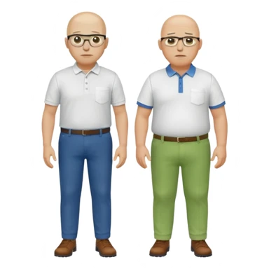 two guys, the first guy is white and have hair but only around his head and not on top, have glases a white dressshirt with rolled up sleeves and green pantsThe second guy has a yellow skin white golf shirt blue jeans and bald they should stand next to eachother they are both really fat  sticker