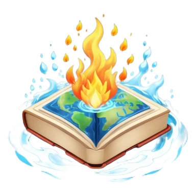 magical elemental book, glowing, surrounded by fire, water, earth, and air sticker