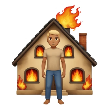 a man standing with a burning house with visible flames and smoke behind him, apple style emoji sticker