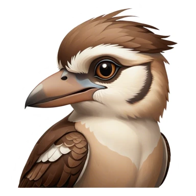 Cinematic Noble Kookaburra Portrait Emoji, Poised and regal, with a stout, robust build and a striking plumage of earthy browns and creams, a strong beak and deep-set soulful eyes, Simplified yet sharp and sophisticated features, highly detailed, glowing with a soft, dignified glow, high shine, intelligent and exuberant, stylized with an air of native woodland majesty, focused and attentive, soft glowing outline, capturing the essence of a watchful and confident bird, so majestic it feels as though it could laugh out of the screen with effortless authority! sticker