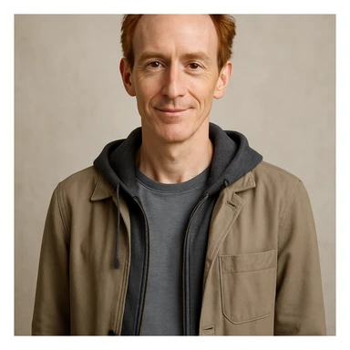 slim man with graying red hair, brown eyes, gentle smile, modern casual outfit sticker