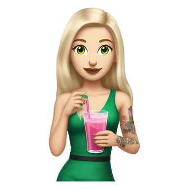 Realistic White girl with Long straight blonde hair, green eyes, tattoos, full body wearing dress and High heels, holding pink drink sticker