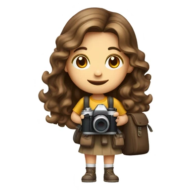 A photographer Girl, with a camera and a backpack ,long soft curl brown hair, White skin, Brown eles, sticker