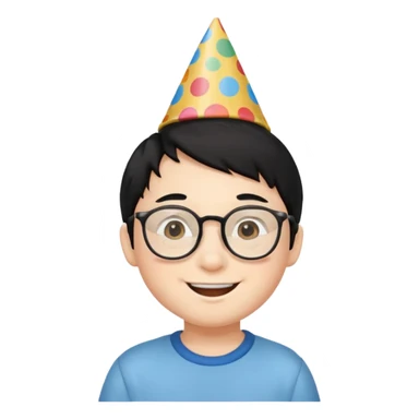 a little boy with black hair with birthday hat, wearing glasses 















 sticker