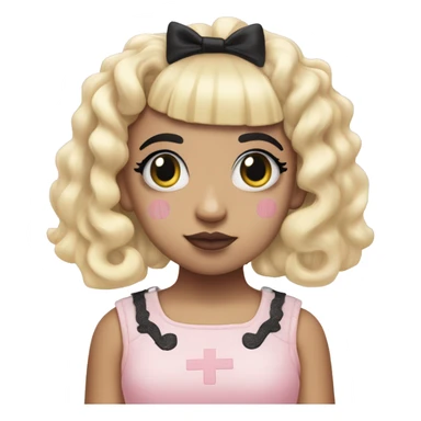 The singer melanie martinez with split dye hair, Blonde and black, Wearing a pastel pink dress with k-12 written on it sticker