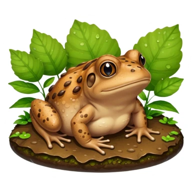 A brown toad sitting on wet ground near a pond, rough bumpy skin, natural light, green leaves around, realistic wildlife photo. sticker