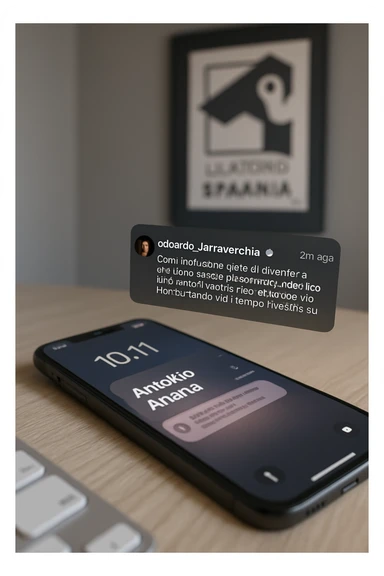A photo of an iPhone with the message "Antonio Anania" on its scree, both surrounded by soft light and shadow. The phone sits atop a desk with a blurred background that suggests work environment. A faint glow from above casts gentle shadows across the surface of each object, creating depth and highlighting their textures. sticker