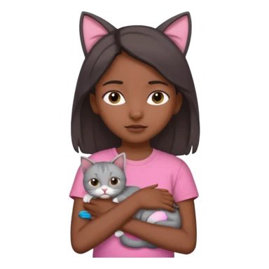 An Indian teenager girl with a pink t-shirt holding her gray cat with folded ears sticker