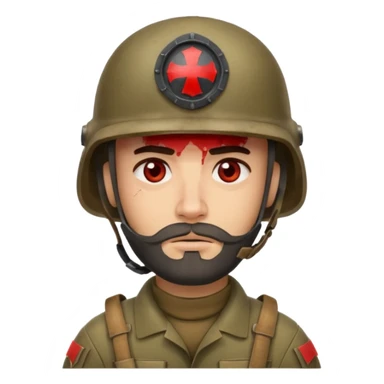 a very tired soldier in a helmet, helmet without insignia, with a beard sticker