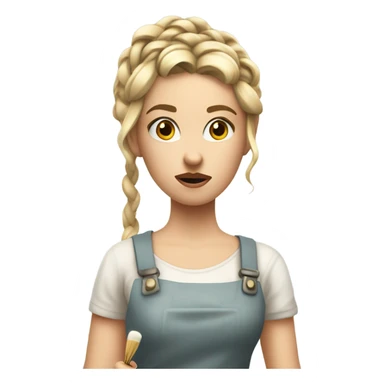 "A young woman with braided blond hair, fair skin, and a lively but slightly worried expression. She wears a simple dress, holding a brush with wite paint dripping from it." sticker
