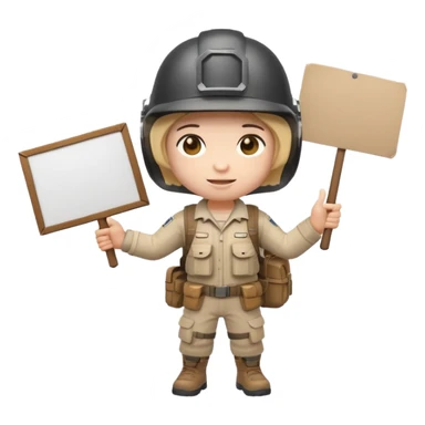 Create a cute emoji-style PUBG Mobile character, chibi version with helmet and backpack, standing in victory pose, holding a blank white sign or paper sheet in both hands in front of chest, ready for text, clean white background, simple emoji design” sticker
