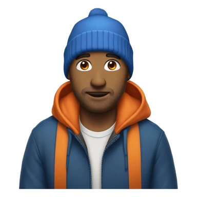 a man with a blue jacket and an orange beanie sticker