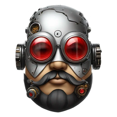 Fat cyborg head with red silver steampunk goggles, black beard and circuits sticker