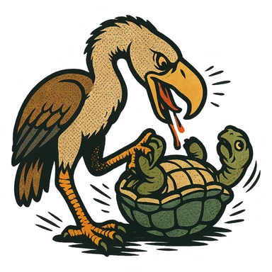 an insignia for a flag: a strange foreign alien bird creature, resembling a prehistoric phorusrhacos, gripping a upturned tortoise with a claw with its' beak tearing down into it
 sticker