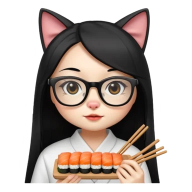 cute girl cat with long straight hair and really big square glasses with super thin frames eating sushi sticker