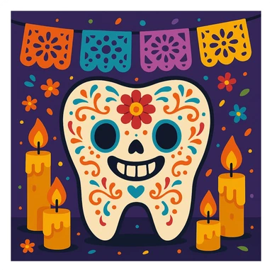 smiling molar tooth with Día de Muertos sugar skull makeup, surrounded by papel picado and candles, joyful and colorful illustration style sticker
