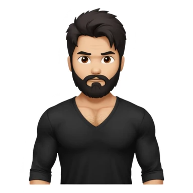 generate a pretty bratz Shahid kapoor with heavy beard and looking angry.
Make him wear a black full sleeve v neck tshirt. muscular but still lean
He shoudl look exactly like Shahid kapoor. Long messy black hair sticker