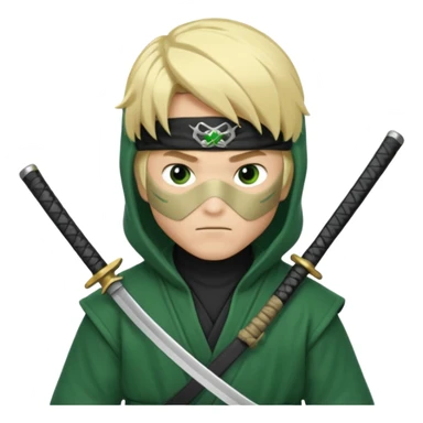 Green ninja Lloyd garmadon blonde hair, kaptur hoody on his head but blonde grzywka visible; the bottom left one is best (the one without miecze + black band + no mask of face) but add miecz; I want no band on head  sticker