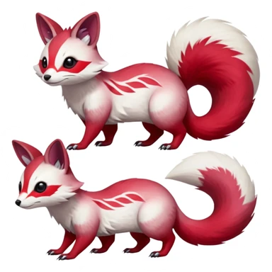  Hyper-realistic smooth Asian oriental painted silky soft White white with red gradients, and slit eyes markings beautiful handsome gorgeous aesthetic colorful vibrant Vernid-Trico-Marsupial-Furret-Zangoose-species-Fakemon-creature by LiLaiRa, 4 legs, 1 tail, random markings, (full body) sticker