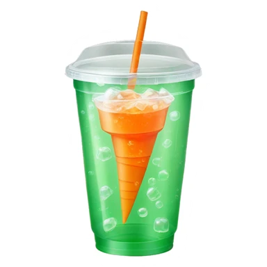 Realistic clear plastic cup with flat green see through plastic lid half filled with Transluscent orange soda inside of the cup with carbonation bubbles and carrot shaped ice cubes.  sticker