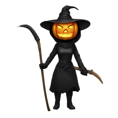 Human female pumpkin hunter with a scythe, glowing pumpkin eyes inside a black helmet, Halloween theme, emoji sticker