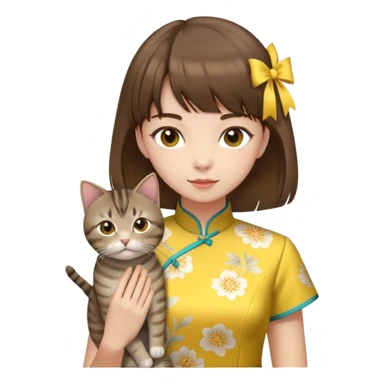 girl with brown hair and bangs wearing yellow qipao with gray tabby cat sticker