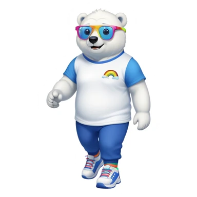 muscular friendly anthropomorphised polar bear walking confidently, wearing a royal blue t-shirt, black pants, white trainers, and oversized rainbow glasses sticker