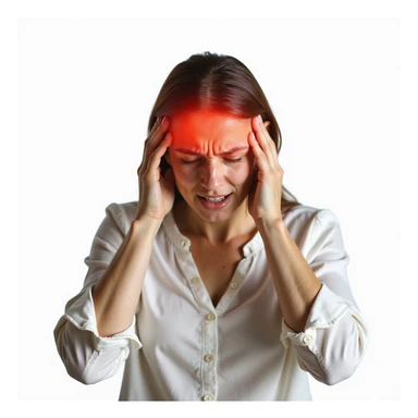 front view of a woman, hands pressing temples, head area highlighted in red, intense pain expression, realistic style, white background sticker