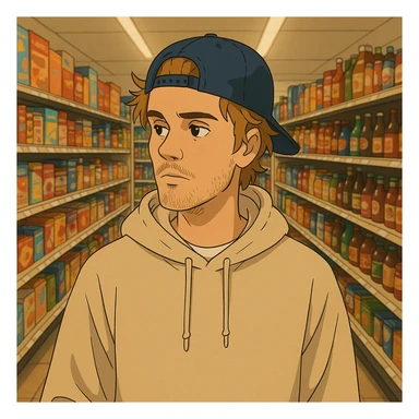 Justin Bieber in a supermarket aisle, casual clothes, ghibli style sticker