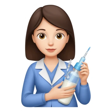 Brunette Mother holding a baby bottle with milk and a vaccine syringe sticker