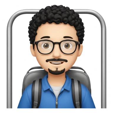 A young boy DEVELOPER WITH A backpack, black curly short hair, wearing glasses, a thin goatee, his skin is white, riding a bus sticker